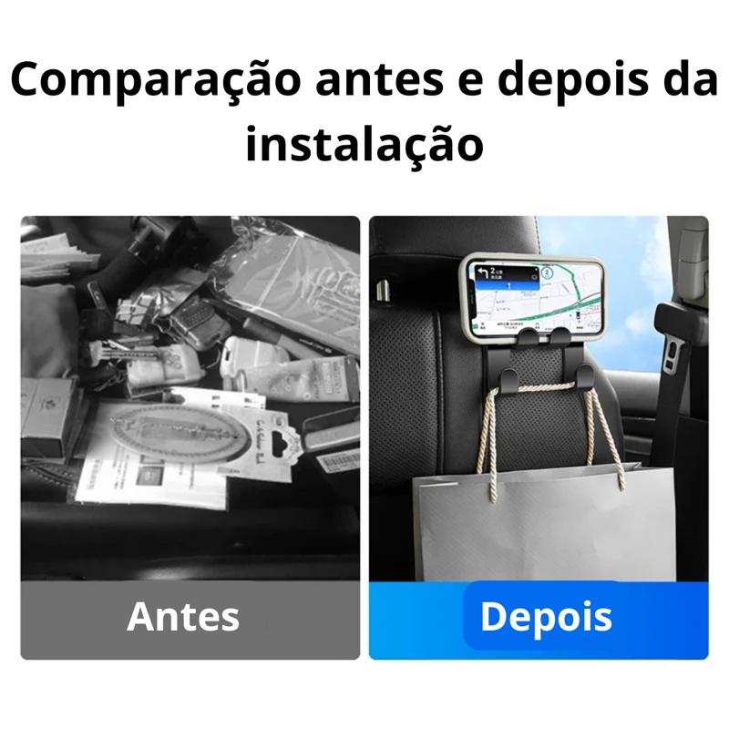 Gancho e Suporte de Celular para Encosto de Cabeça – Organize e Assista no Carro