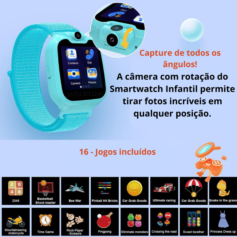 Smartwatch Infantil 1,54” com Chamadas, 16 Jogos, Câmera, Música e SOS - Presente Ideal para Crianças