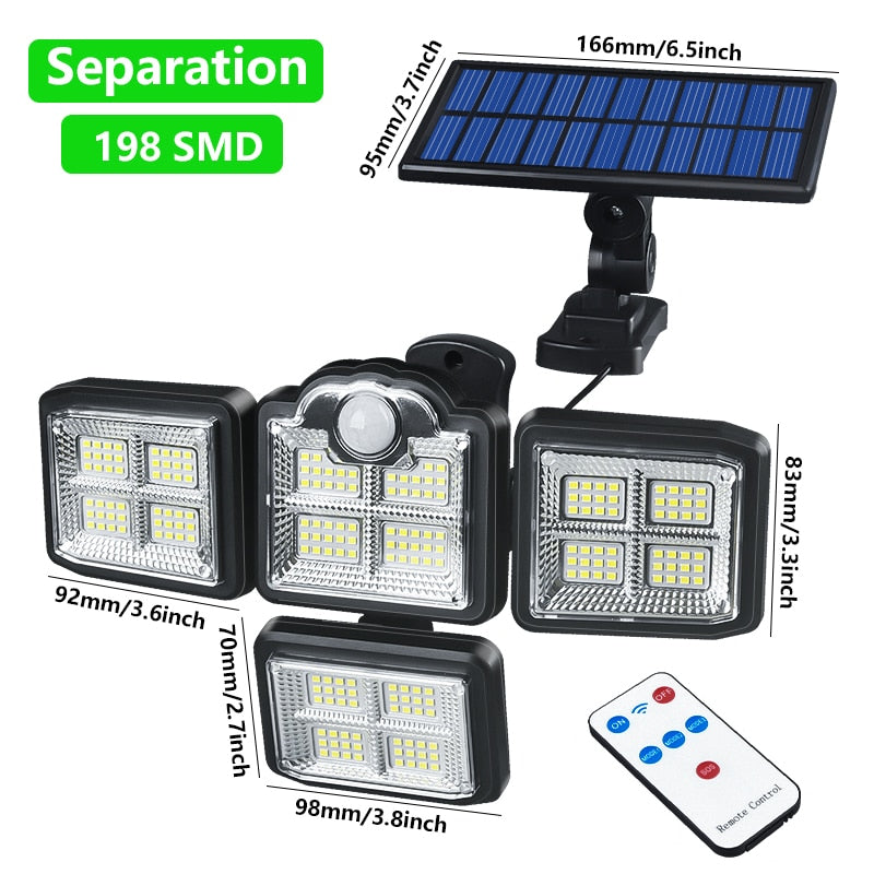 Luzes de movimento solar 192/198 LED/COB Luz solar exterior interior