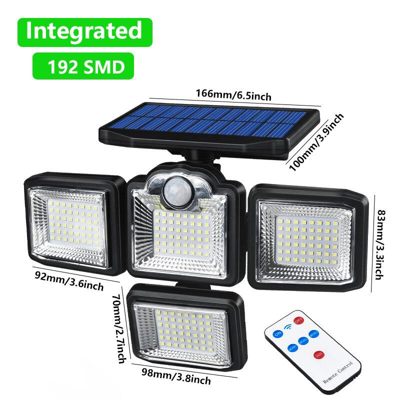 Luzes de movimento solar 192/198 LED/COB Luz solar exterior interior