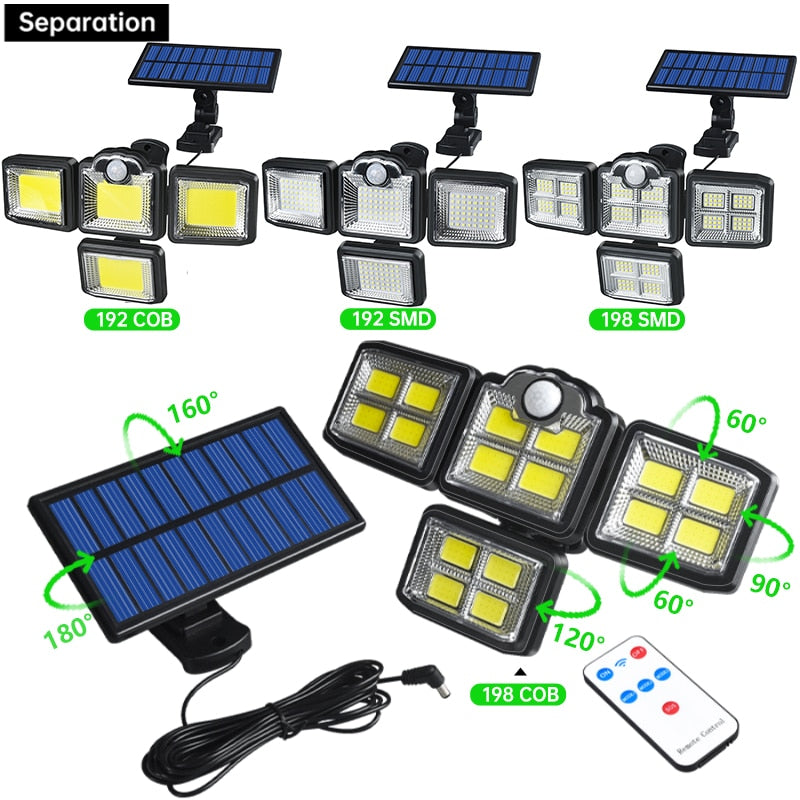 Luzes de movimento solar 192/198 LED/COB Luz solar exterior interior